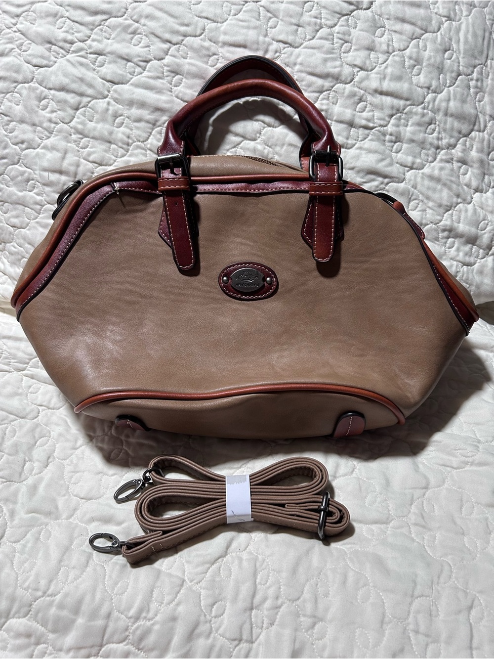 Hema Zhuofan Two-Tone Satchel Bag Brown Taupe Top Handle Crossbody Purse